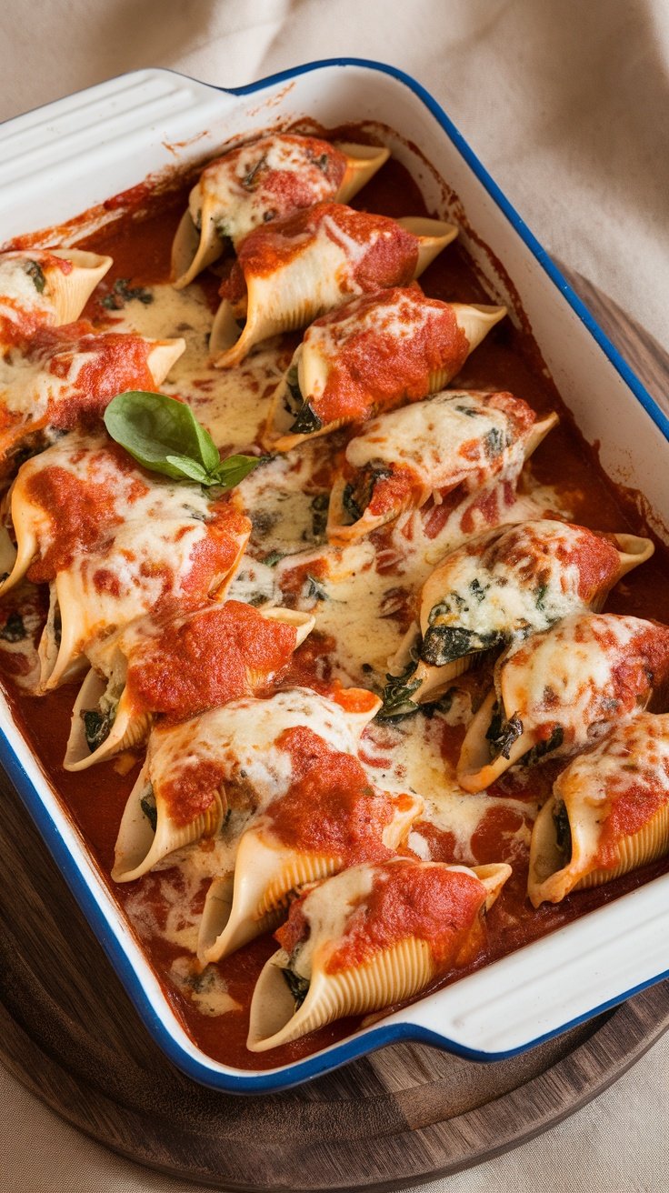 A baking dish filled with chicken and spinach stuffed shells topped with marinara sauce and cheese.