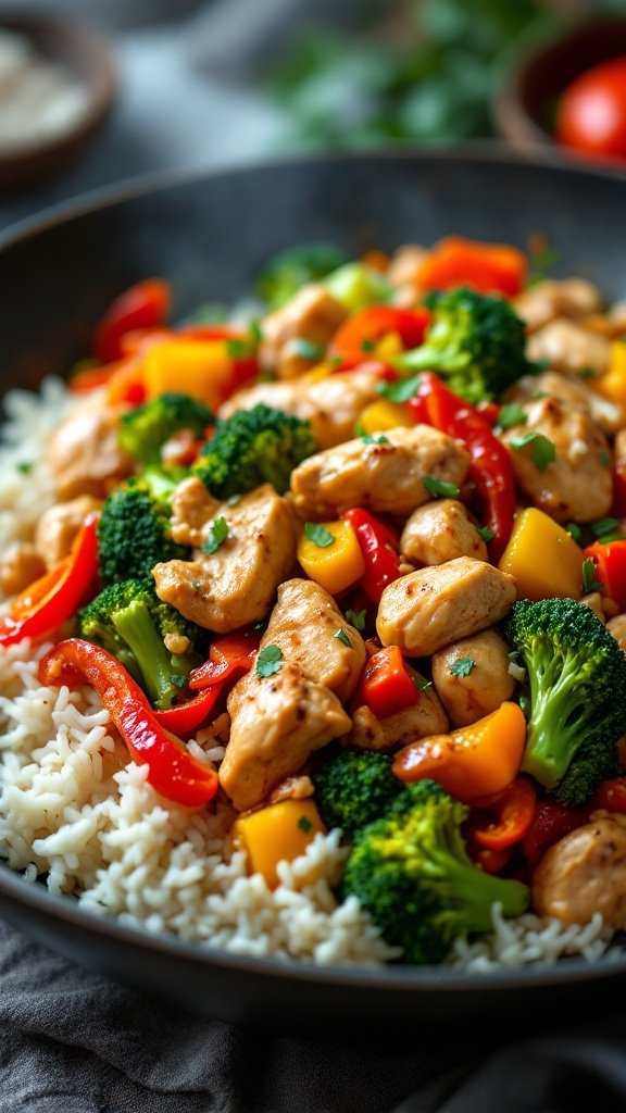 A delicious chicken and vegetable stir-fry served over rice.