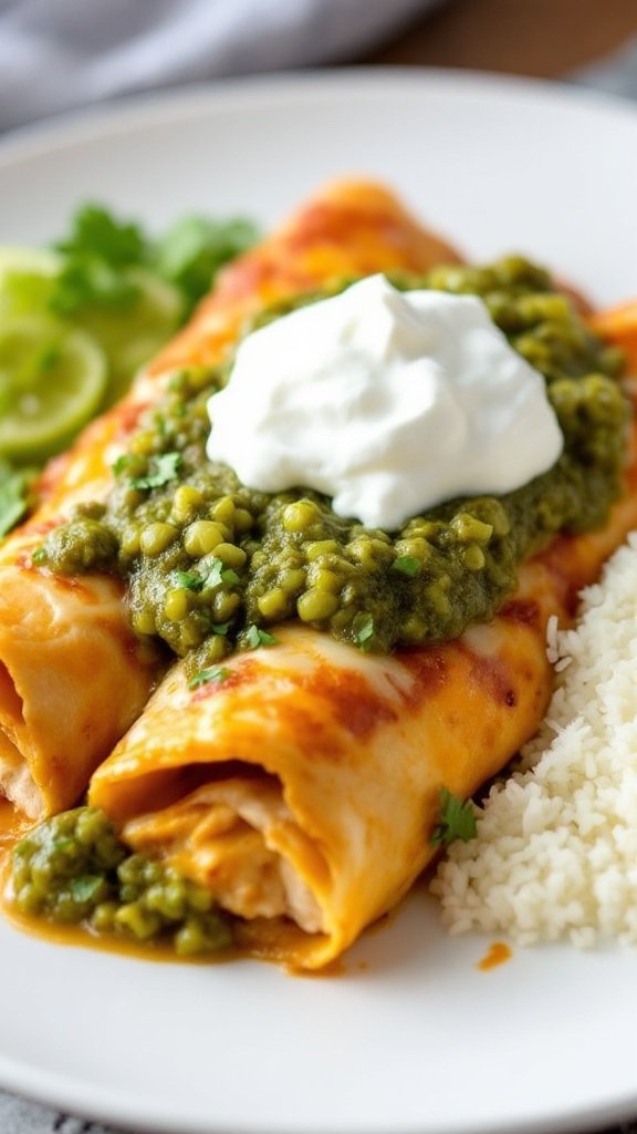 Chicken enchiladas topped with green sauce and garnished with sour cream, tomatoes, and green onions