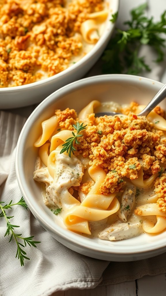 A comforting chicken noodle casserole with creamy sauce and a crunchy topping.

12 affordable winter comfort foods