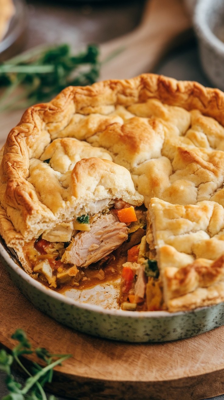 A delicious chicken pot pie topped with golden biscuits, showcasing a creamy filling.