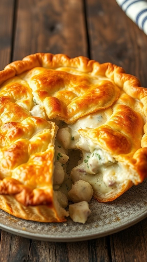 A delicious homemade chicken pot pie with a golden flaky crust, ready to be served.