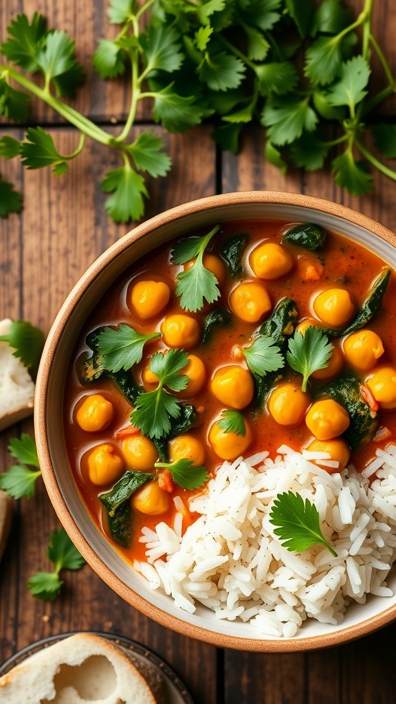 A bowl of chickpea and spinach curry served with rice and garnished with cilantro.