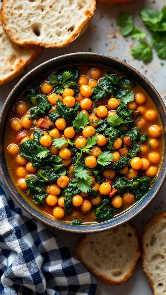 A bowl of chickpea and spinach stew with fresh herbs and bread on the side.