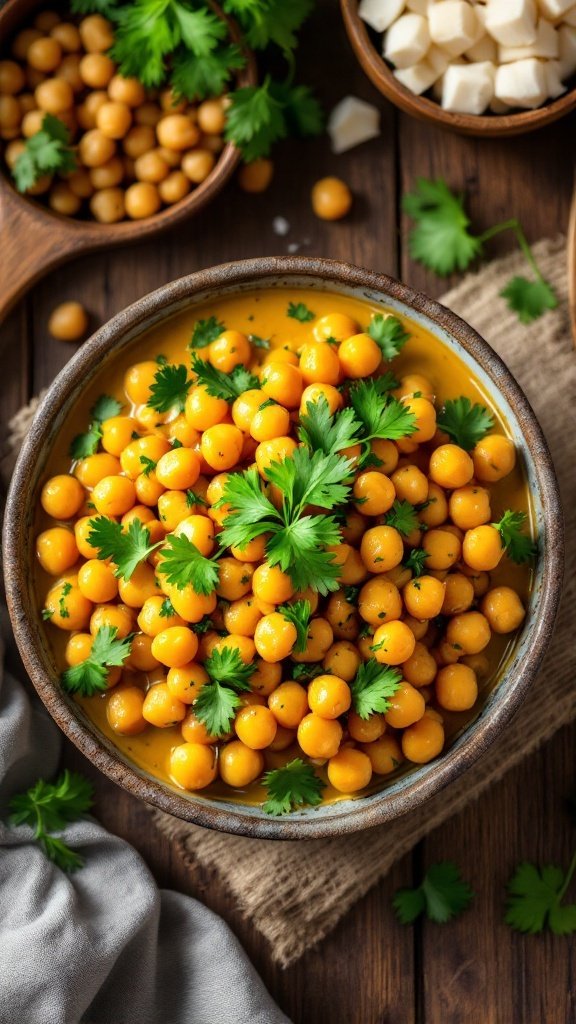 A bowl of chickpea coconut curry topped with fresh cilantro.