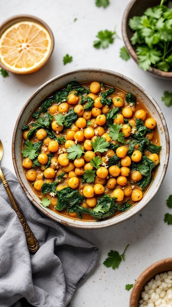 A bowl of chickpea curry with spinach garnished with cilantro