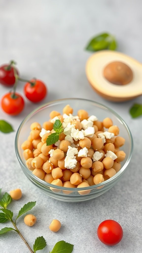 Chickpea salad with feta cheese and cherry tomatoes in a glass bowl