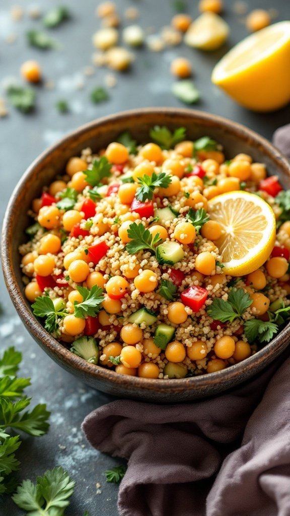 A colorful bowl of chickpea salad with quinoa, featuring fresh vegetables and a lemon wedge.