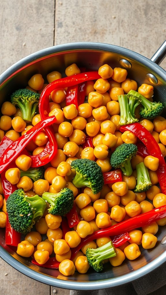 Chickpea stir-fry featuring chickpeas, broccoli, and red bell pepper in a pan.