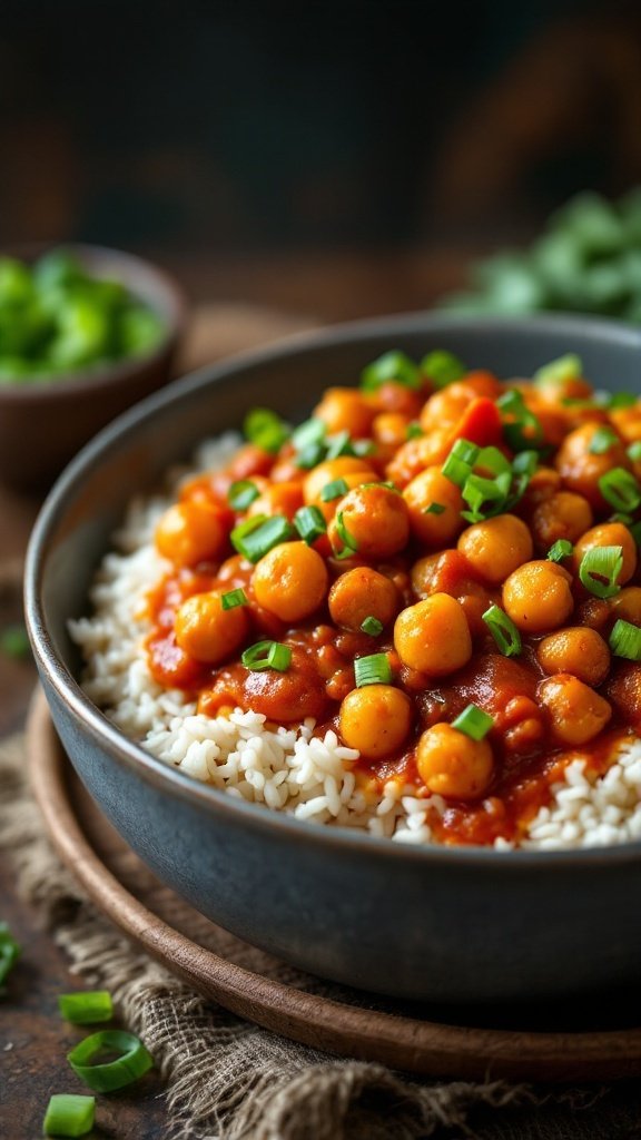 A bowl of chili chickpea curry served over rice, topped with green onions.