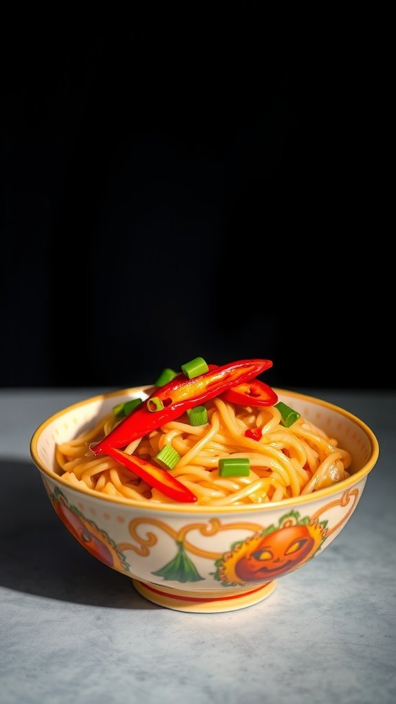 A bowl of chili garlic noodles topped with red chilies and green onions.

10 Cheap Noodle Bowl Ideas