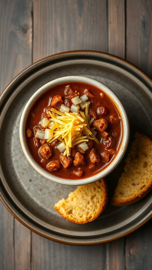 A bowl of chili topped with cheese and onions, served with slices of cornbread.