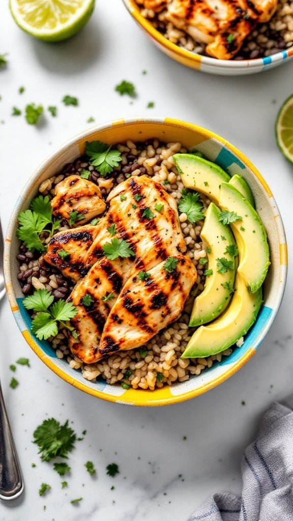 A colorful Cilantro Lime Chicken Bowl filled with grilled chicken, brown rice, black beans, sliced avocado, and fresh cilantro.