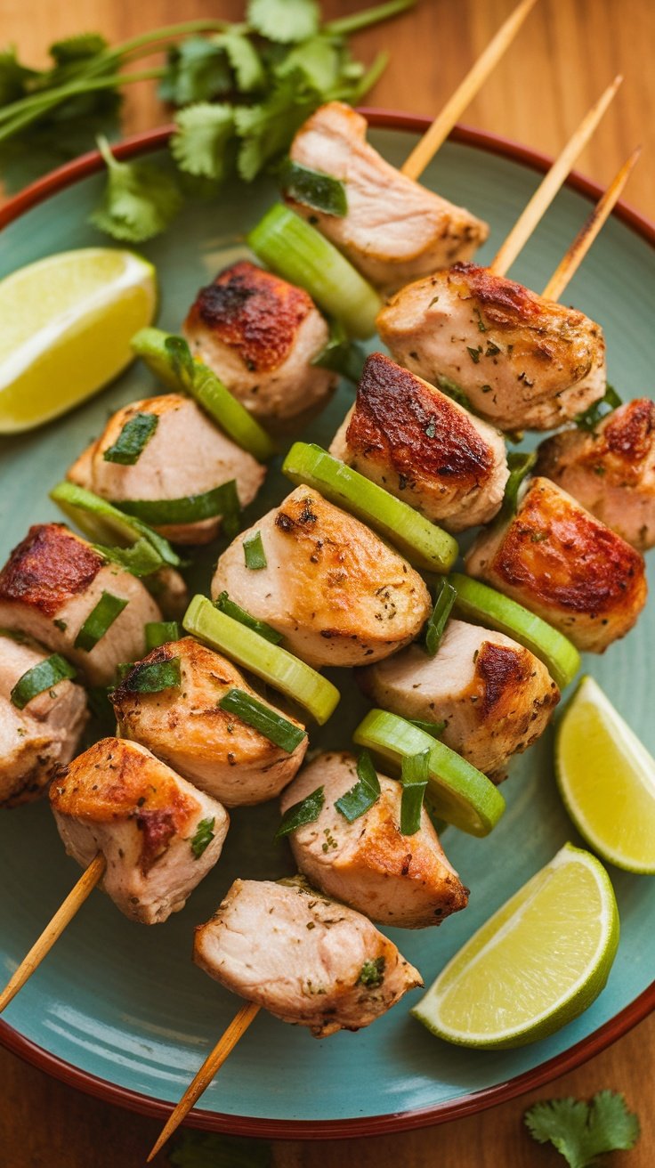 A plate of cilantro lime chicken kebabs garnished with fresh cilantro and lime slices.