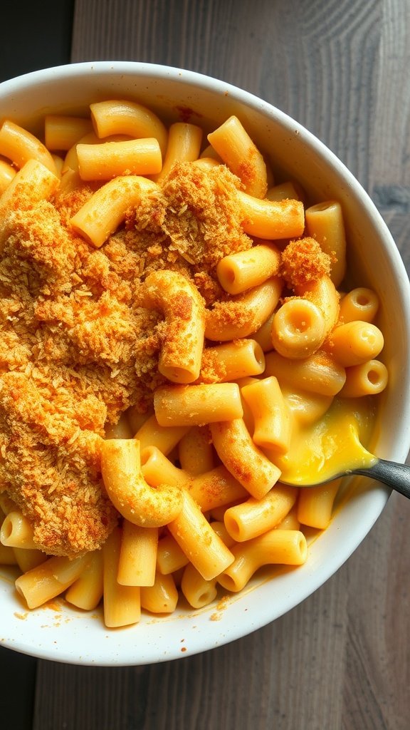 A bowl of classic macaroni and cheese topped with breadcrumbs