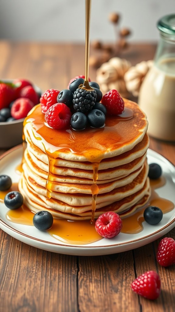 Delicious stack of classic pancakes topped with maple syrup and fresh berries.