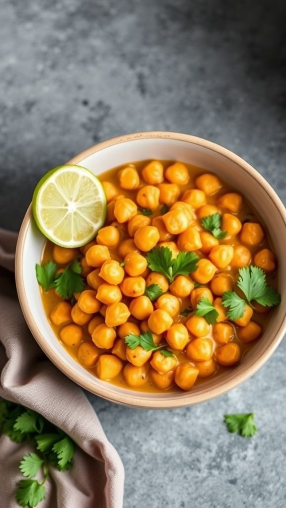 A bowl filled with coconut curry chickpeas topped with fresh cilantro and lime.