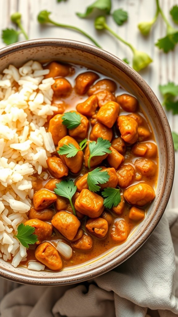 A bowl of coconut curry lentils served with rice and garnished with fresh herbs.