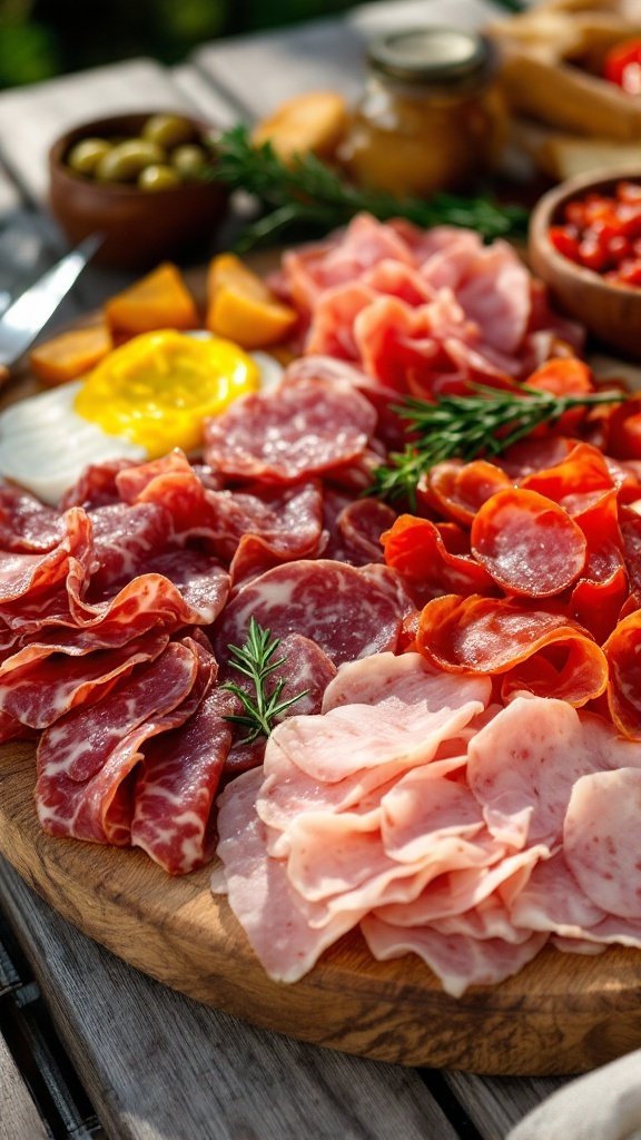 A beautifully arranged cold cut platter with various meats, cheeses, and mustard for dipping.
