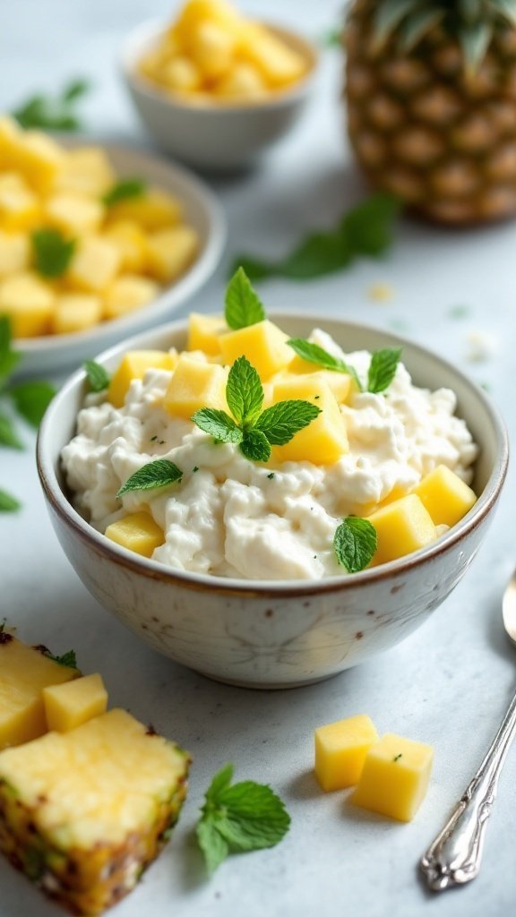 A bowl of cottage cheese topped with diced pineapple and mint leaves