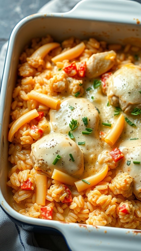 Creamy chicken and rice casserole with cheese and vegetables