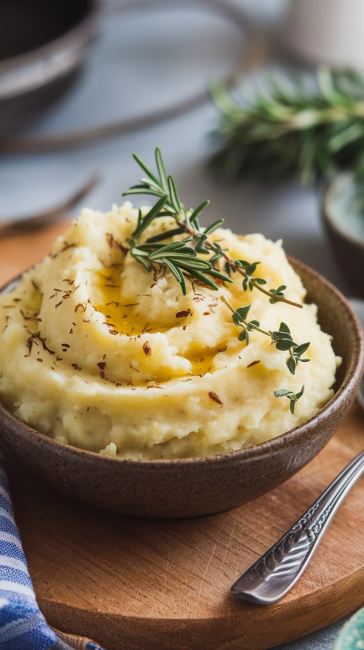 Bowl of creamy garlic mashed potatoes topped with herbs

easy potato recipes for dinner