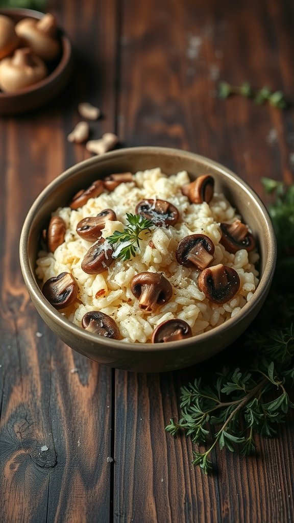 A bowl of creamy mushroom risotto garnished with mushrooms and herbs