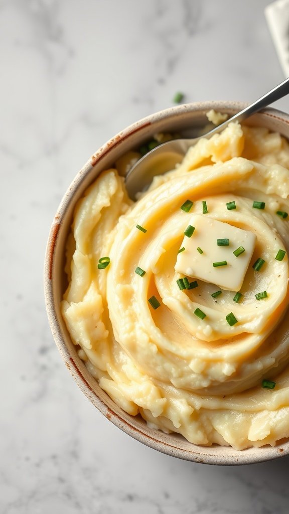 A bowl of creamy potato and leek mash topped with butter and chives