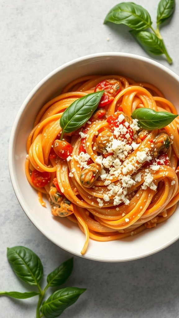 Creamy Tomato Basil Pasta served in a bowl with basil leaves on the side