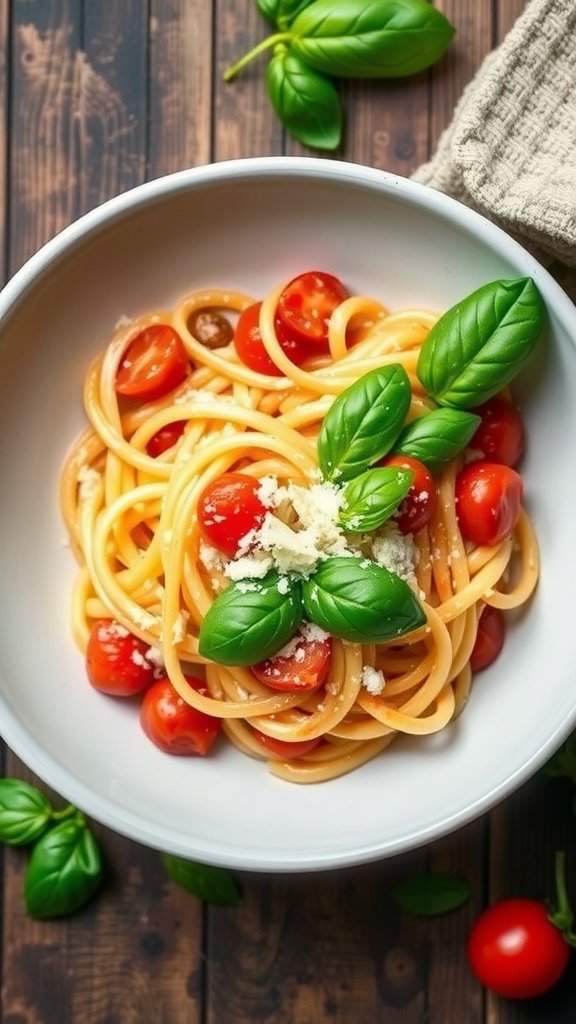 A bowl of creamy tomato basil pasta topped with fresh basil leaves.