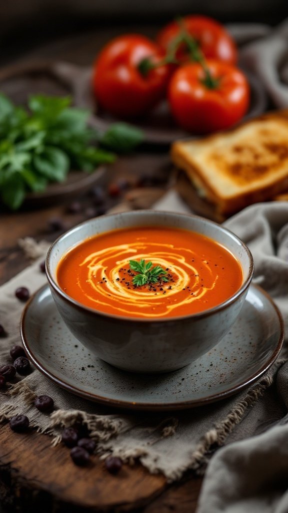 Bowl of creamy tomato soup with a swirl of cream and herbs, served with a grilled cheese sandwich.