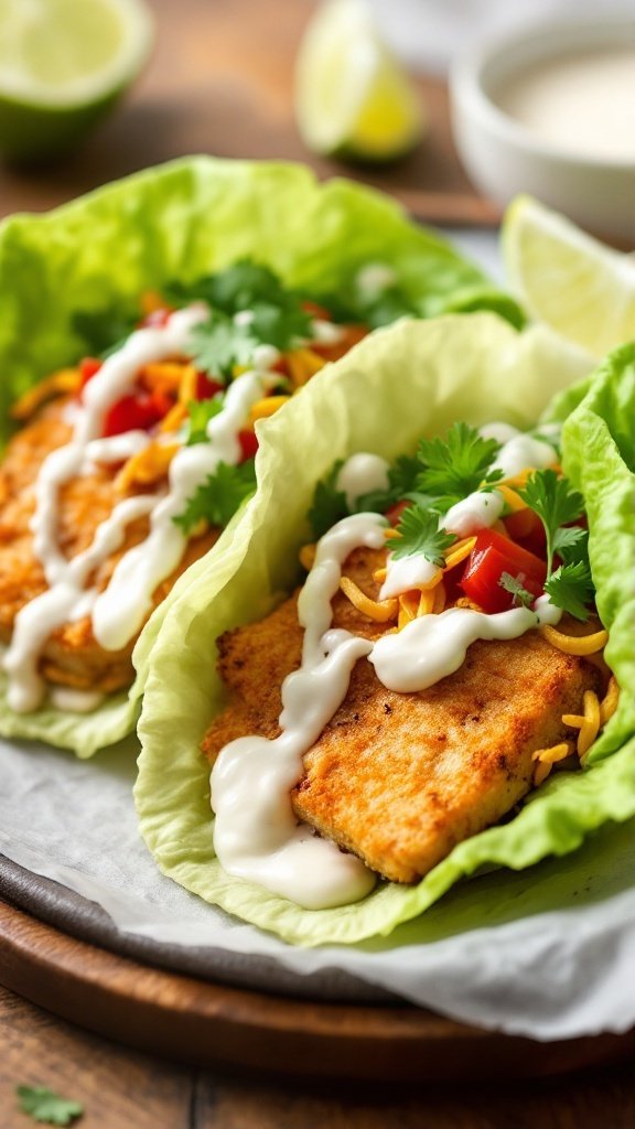 Crispy fish tacos in lettuce wraps with creamy sauce and lime wedges.