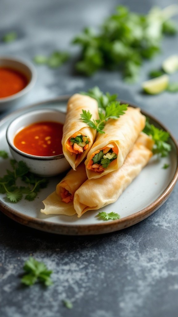 Crispy Thai spring rolls on a plate with dipping sauce and garnished with fresh cilantro.