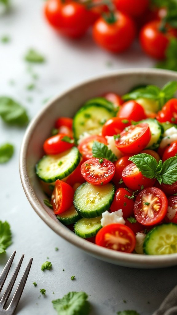 A bowl of fresh cucumber and tomato salad with herbs and feta cheese