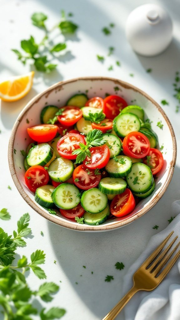 A vibrant cucumber and tomato salad in a bowl, garnished with parsley.
