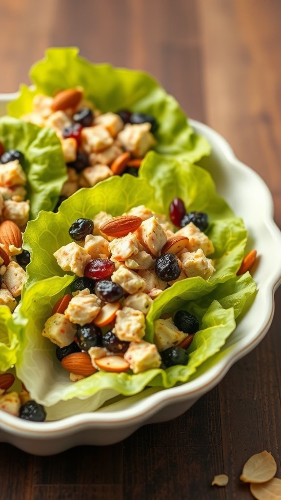Curried chicken salad served in lettuce cups with almonds and cranberries.