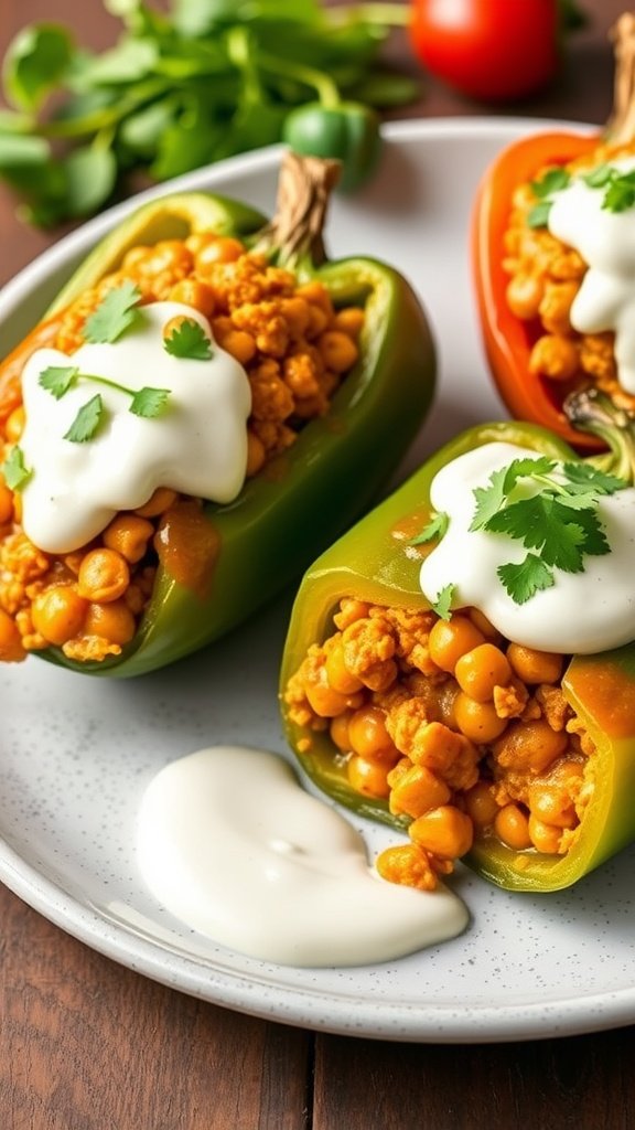 Curried lentil stuffed peppers with yogurt and herbs