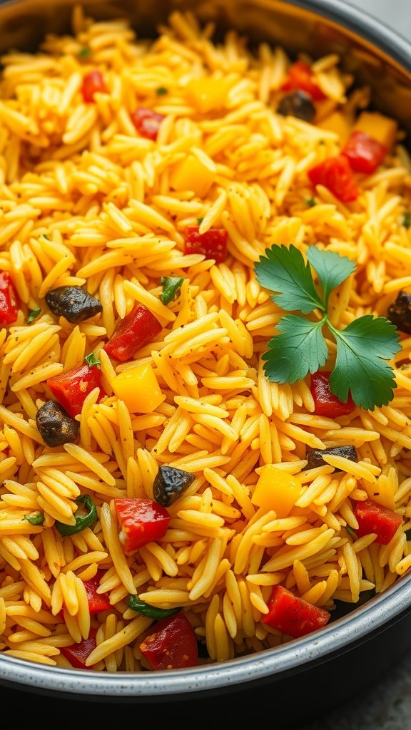 A vibrant bowl of curry-spiced rice pilaf with colorful vegetables.