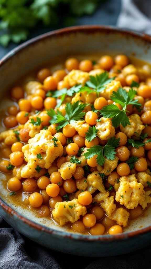 A bowl filled with curry cauliflower and chickpeas garnished with fresh herbs.

affordable power bowl ideas