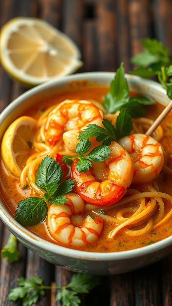 A colorful and inviting curry coconut noodle bowl with shrimp, garnished with fresh herbs.