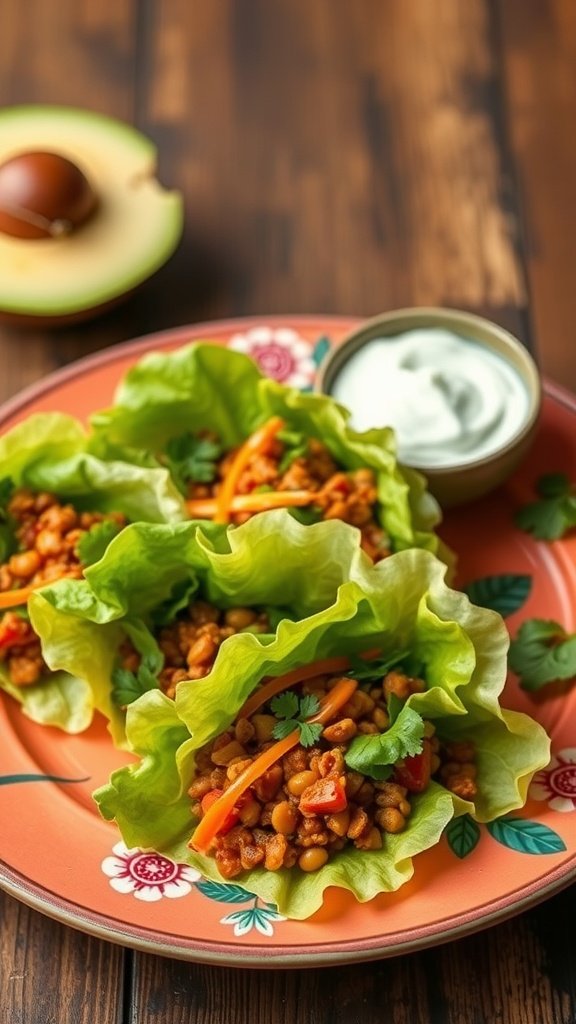 Curry lentil lettuce wraps garnished with cilantro and served with a dipping sauce