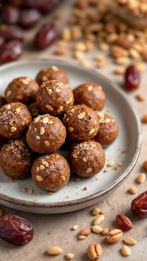 A plate of date and nut energy balls garnished with sesame seeds.