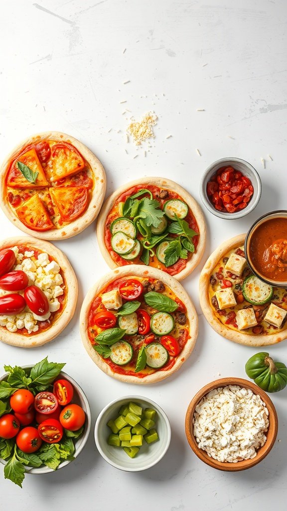 Personal pizzas with various toppings like tomatoes, zucchini, and cheese on a white surface.