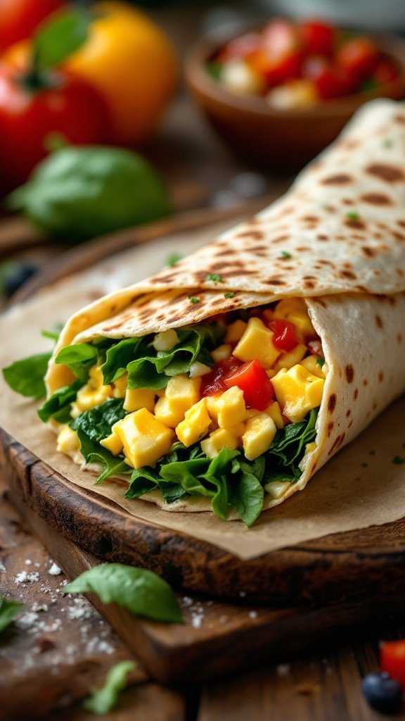 A delicious egg and spinach breakfast wrap filled with fresh ingredients