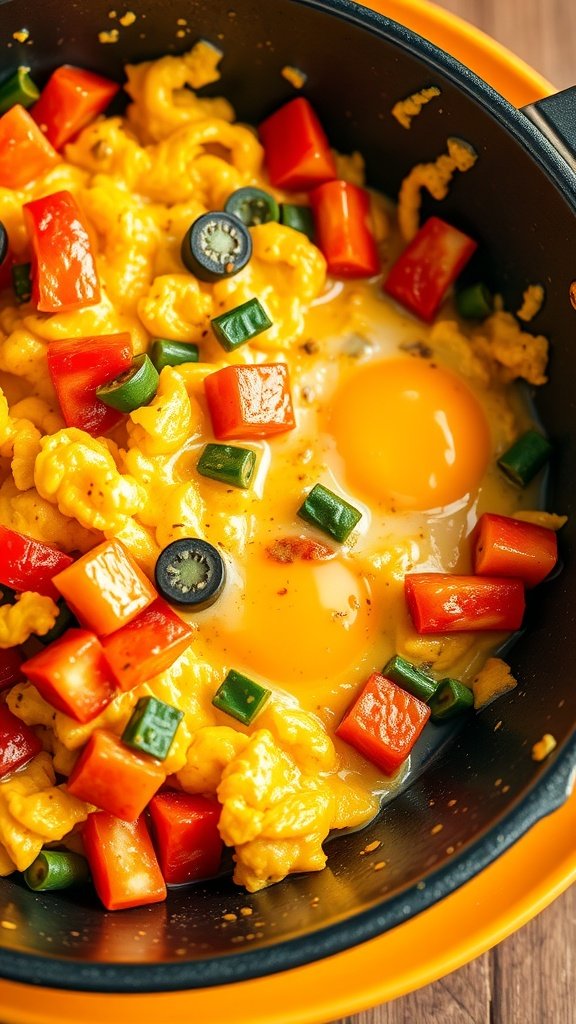 A colorful egg and vegetable stir-fry with diced bell peppers, zucchini, tomatoes, and tofu.