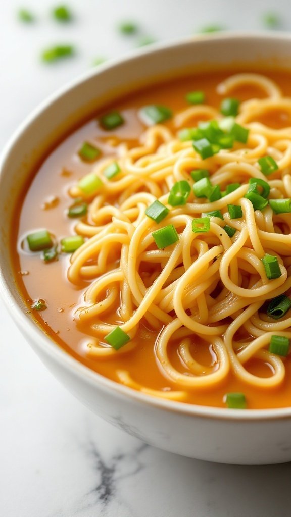 A warm bowl of egg drop noodle soup with noodles and green onions.