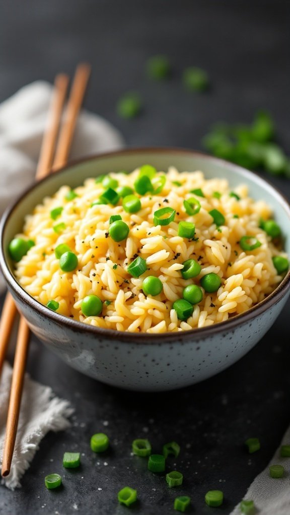 A bowl of egg fried rice with peas and green onions on a wooden table.