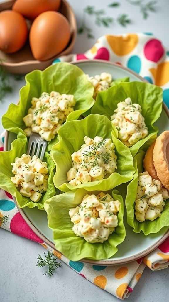 Egg salad served in lettuce wraps, garnished with dill.
