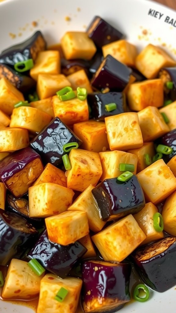 Delicious eggplant and tofu stir-fry with green onions.