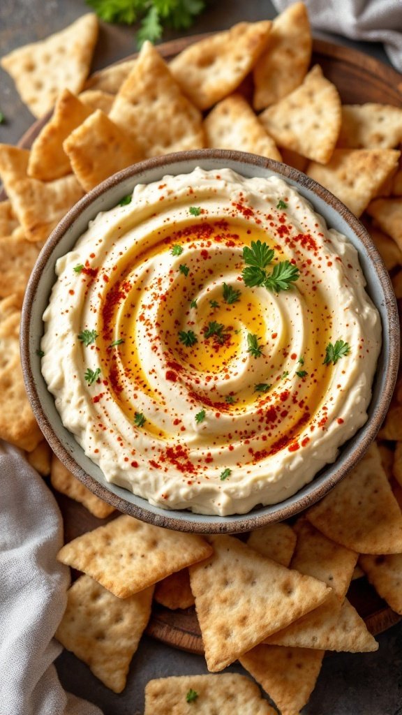 A bowl of creamy Eggplant Baba Ganoush garnished with olive oil, paprika, and parsley, surrounded by pita chips.